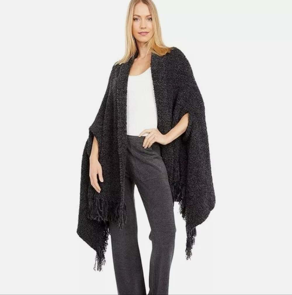 Barefoot Dreams CozyChic Lux Laguna Fringe Wrap Ruana Carbon Gray NWT OS